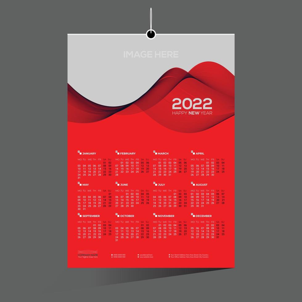 calendário de parede vermelho de 12 meses de 2022 vetor