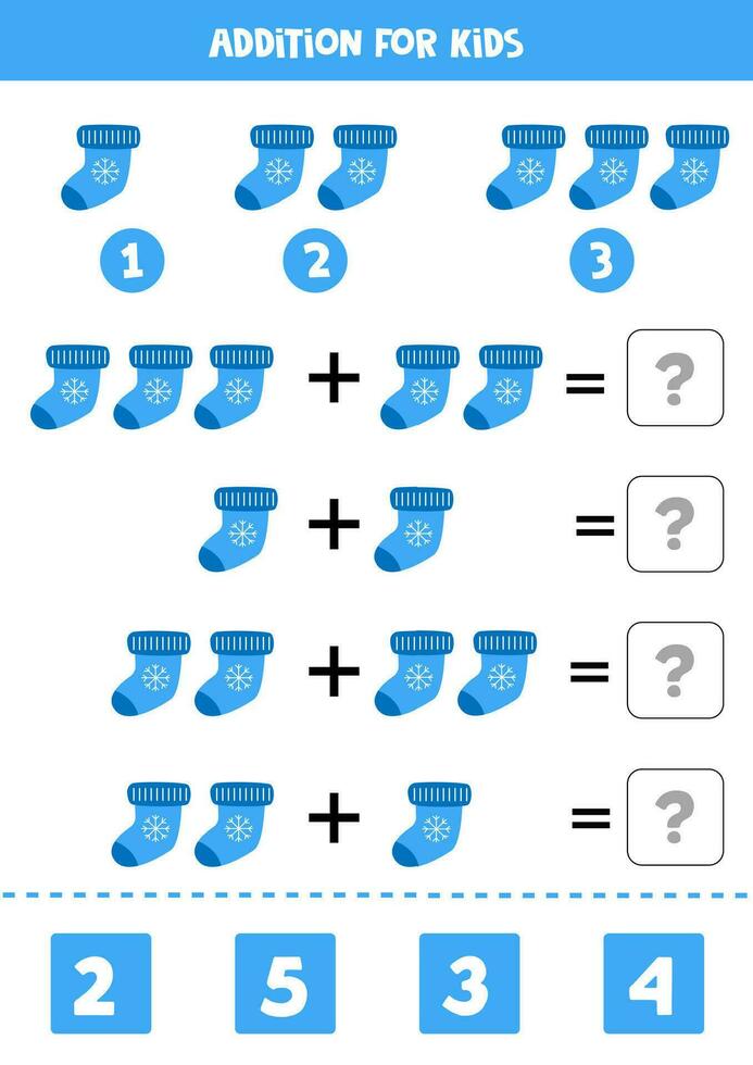 Adição para crianças com fofa desenho animado azul meia. vetor