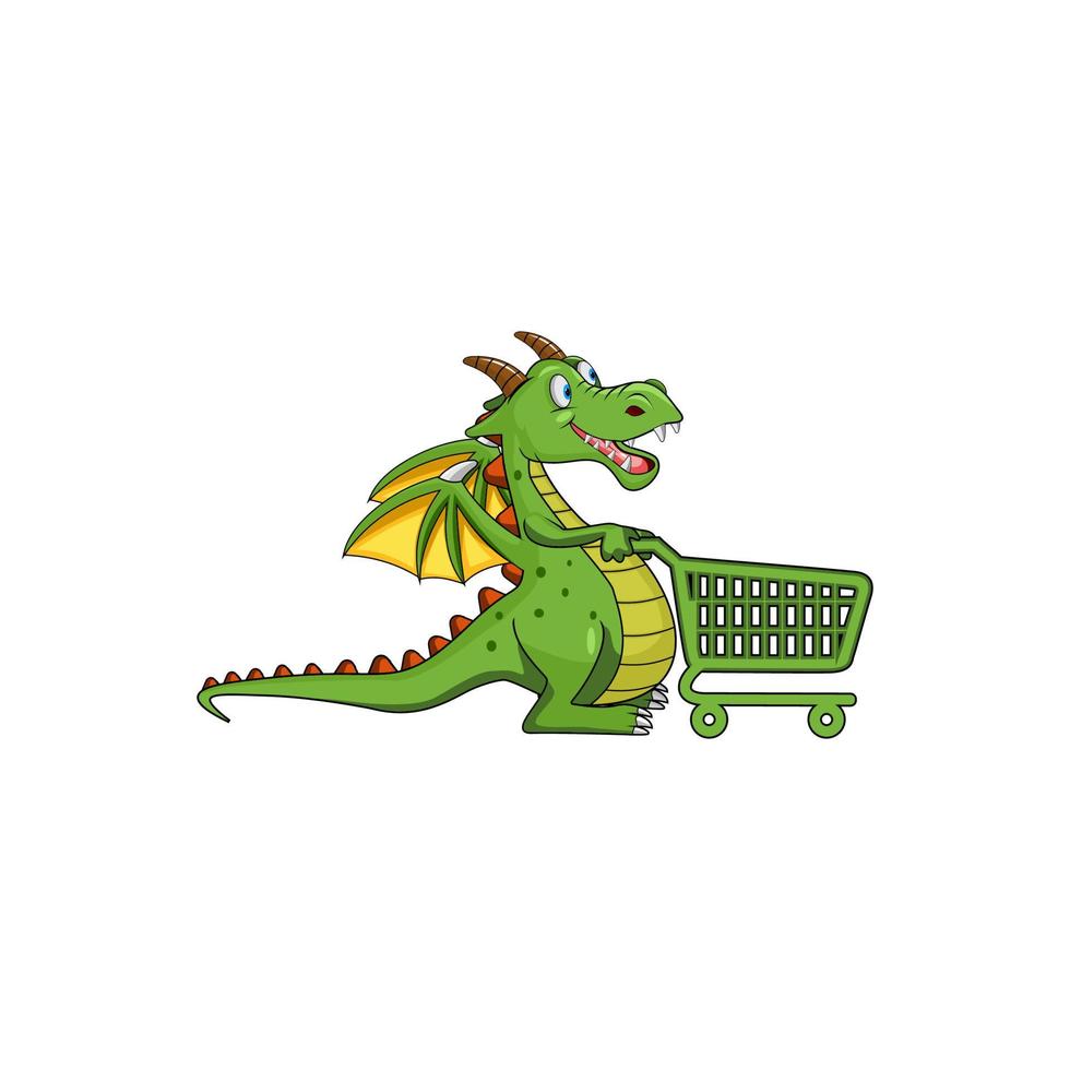 dragão fofo empurrando carrinho de compras vetor
