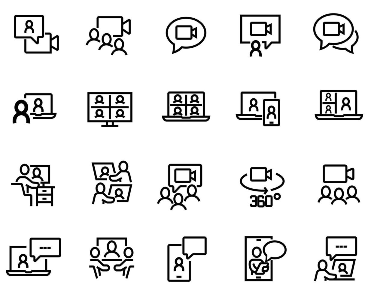 conjunto simples de ícones de linha do vetor relacionados à videoconferência. contém ícones como chat em grupo, câmera com visão de 360 graus, videochamada e muito mais