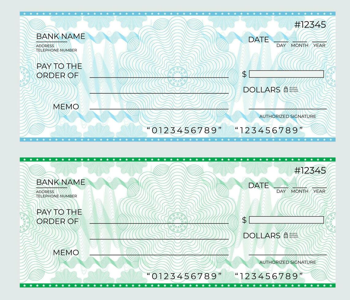 em branco modelo do a talão de cheques Verifica página com esvaziar Campos para preencher dentro azul e verde cores vetor