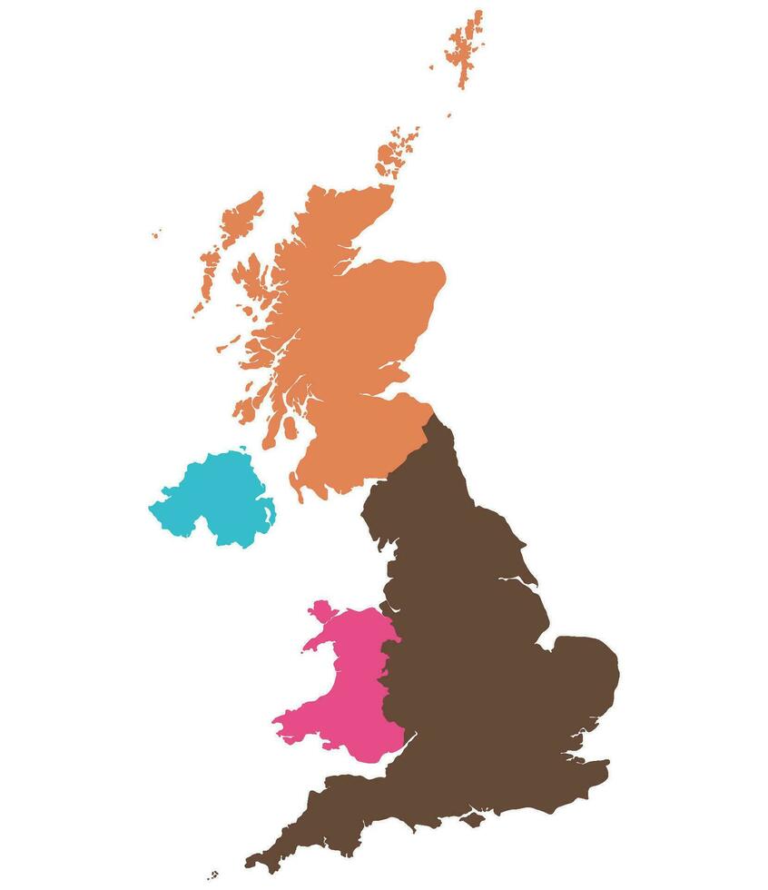 Unidos reino regiões mapa. mapa do Unidos reino dividido para dentro Inglaterra, norte Irlanda, Escócia e país de gales países. vetor