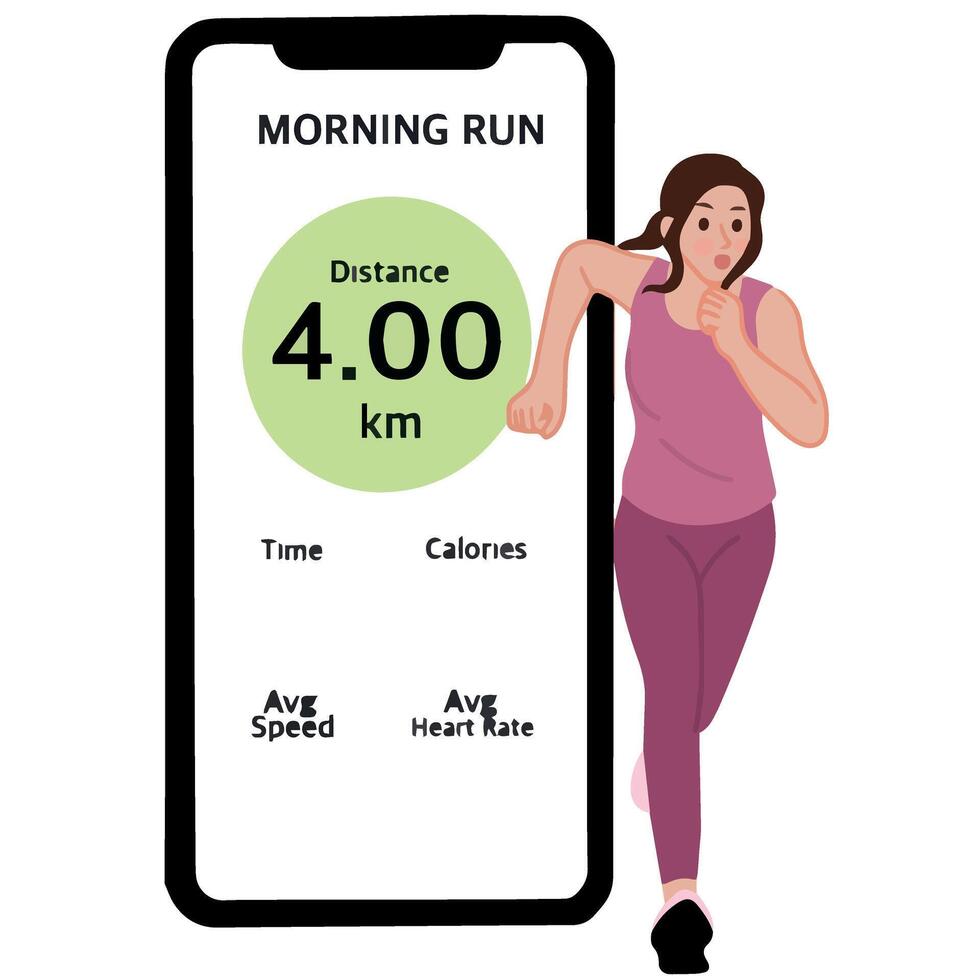 retrato mulher corrida corrida usando aplicativo em Smartphone cardio ao controle energia ilustração vetor