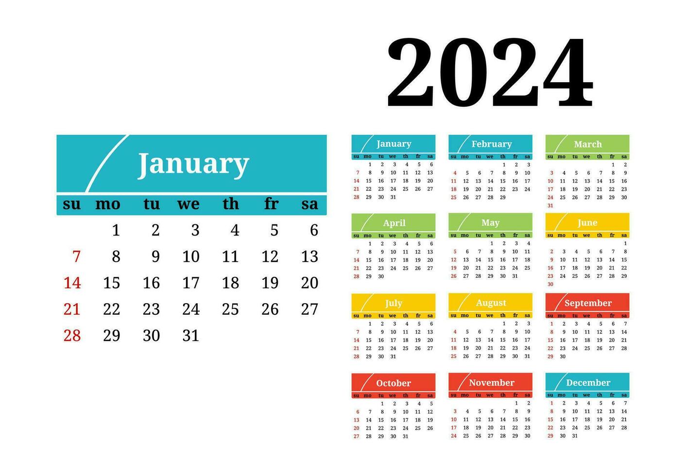 calendário para 2024 isolado em uma branco fundo vetor