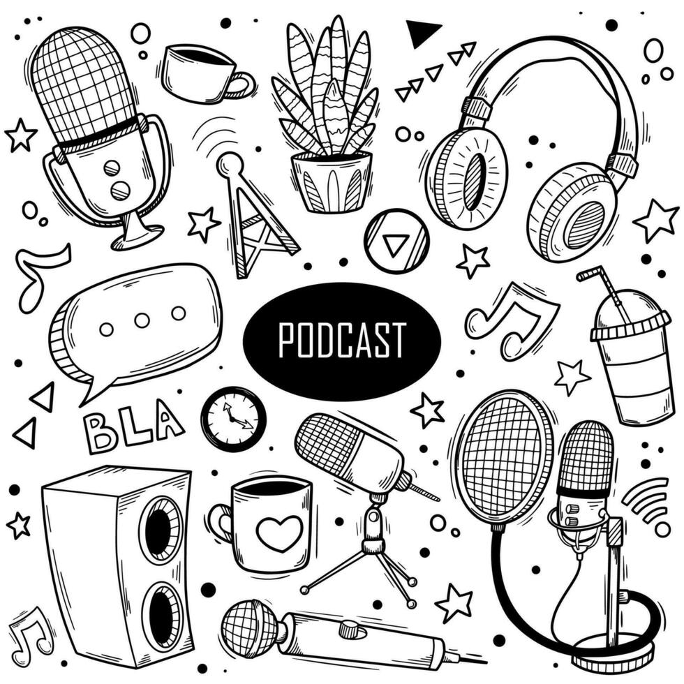 podcast mão desenhado rabiscos com microfone, fone de ouvido, gritar, em ar sinal, café caneca, planta de casa. transmissão ícones mão desenhado rabisco coloração vetor