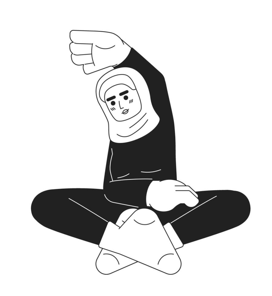 muçulmano fêmea exercício flexibilidade Preto e branco 2d desenho animado personagem. hijab jovem mulher trabalhos Fora classe isolado vetor esboço pessoa. menina ginástica roupas monocromático plano local ilustração