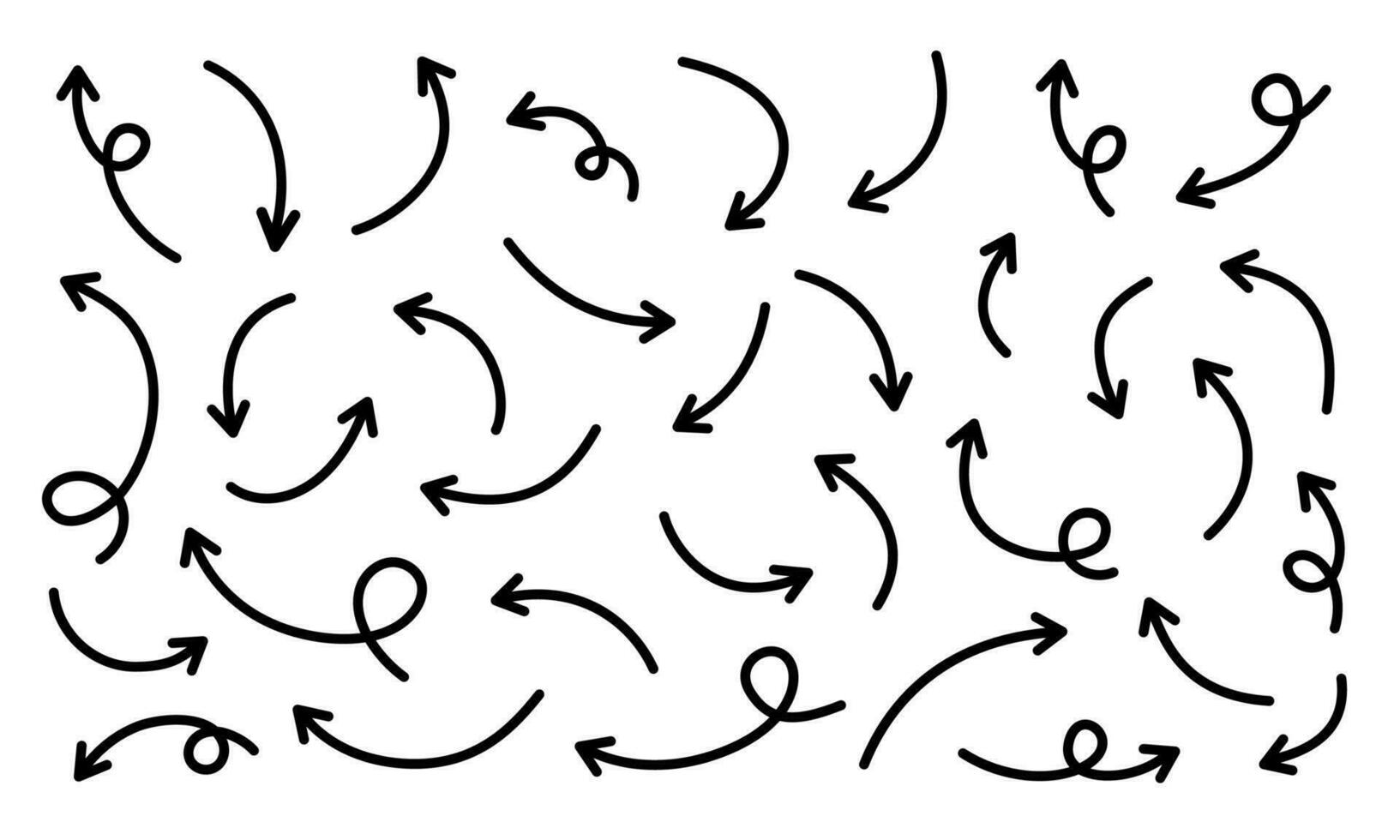 fino curvado Setas; flechas coleção. esboço Setas; flechas. vetor mão desenhado Setas; flechas com cachos, apontando diferente instruções