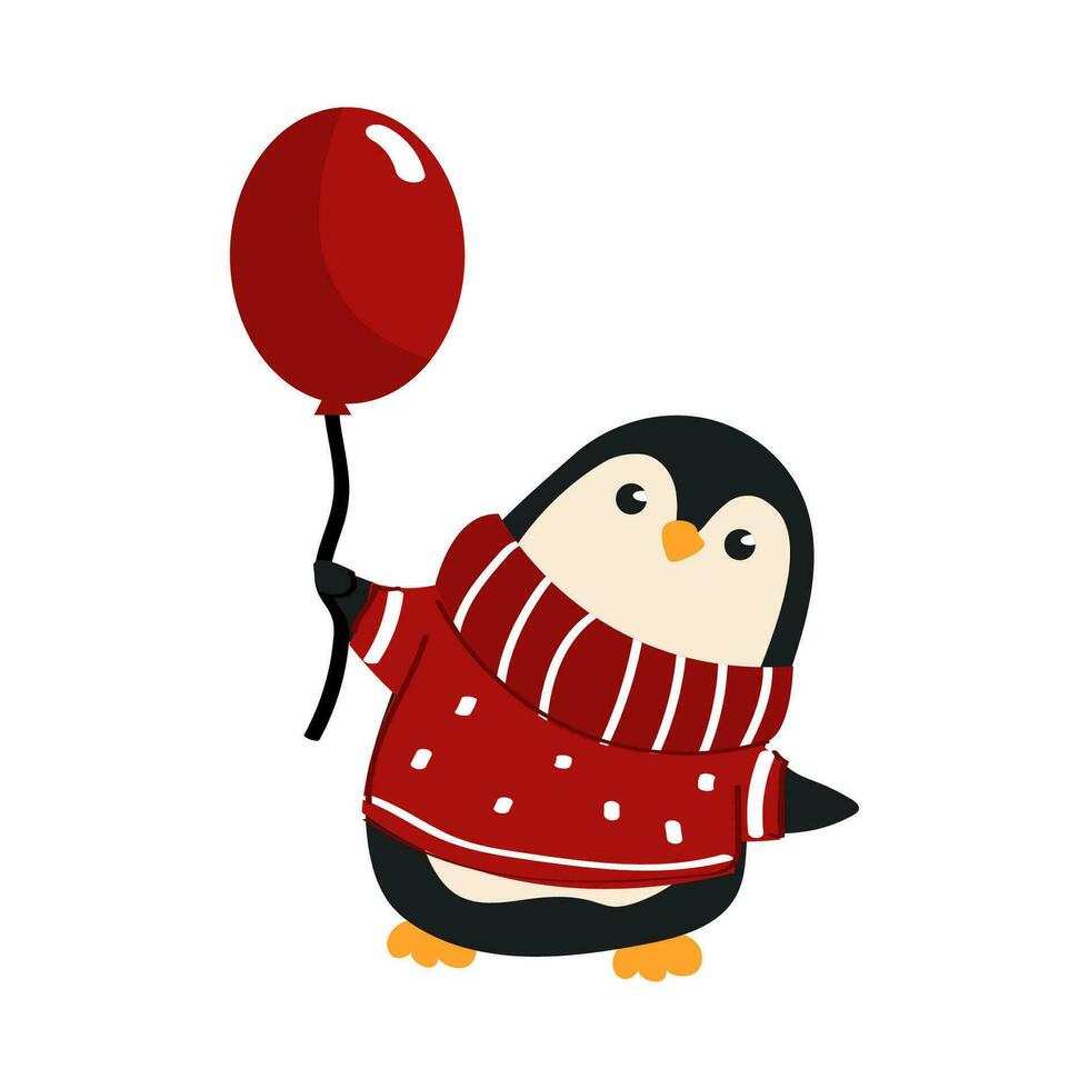 fofa pinguim vestindo uma suéter e segurando uma vermelho balão. vetor