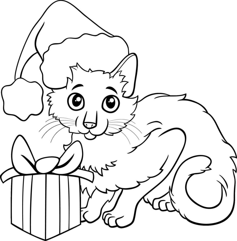 desenho de gato de desenho animado com presente na época do natal para colorir vetor