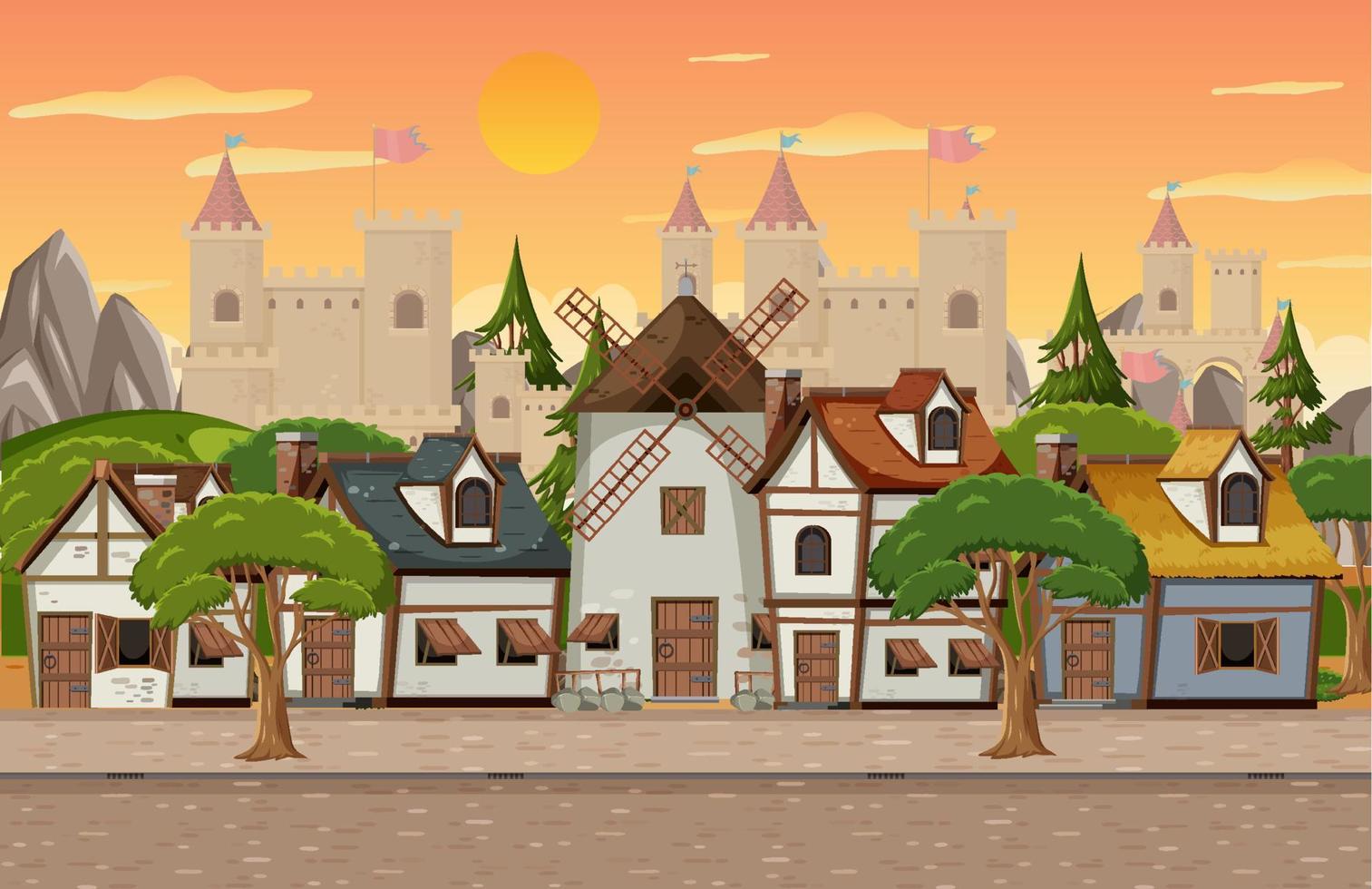 Cidade medieval com moinho de vento e aldeões
