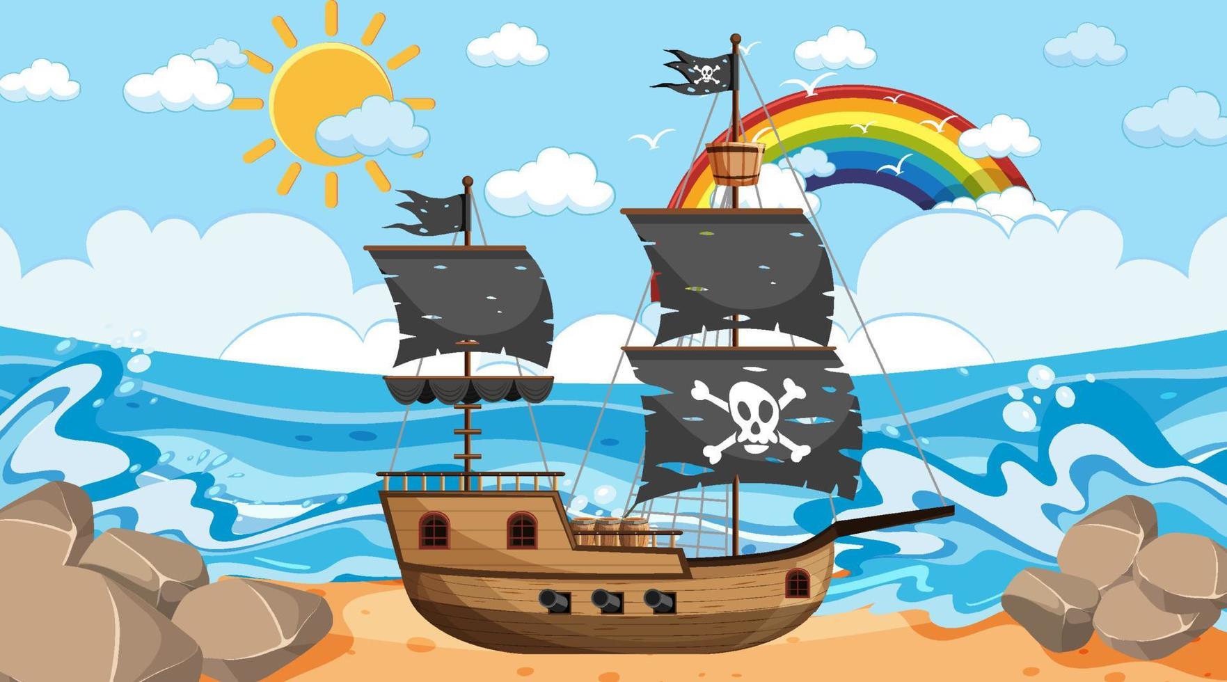 oceano com navio pirata na cena do dia em estilo cartoon vetor