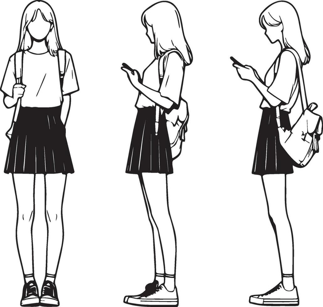 Alto escola fêmea aluna usar celular esboço desenho. vetor
