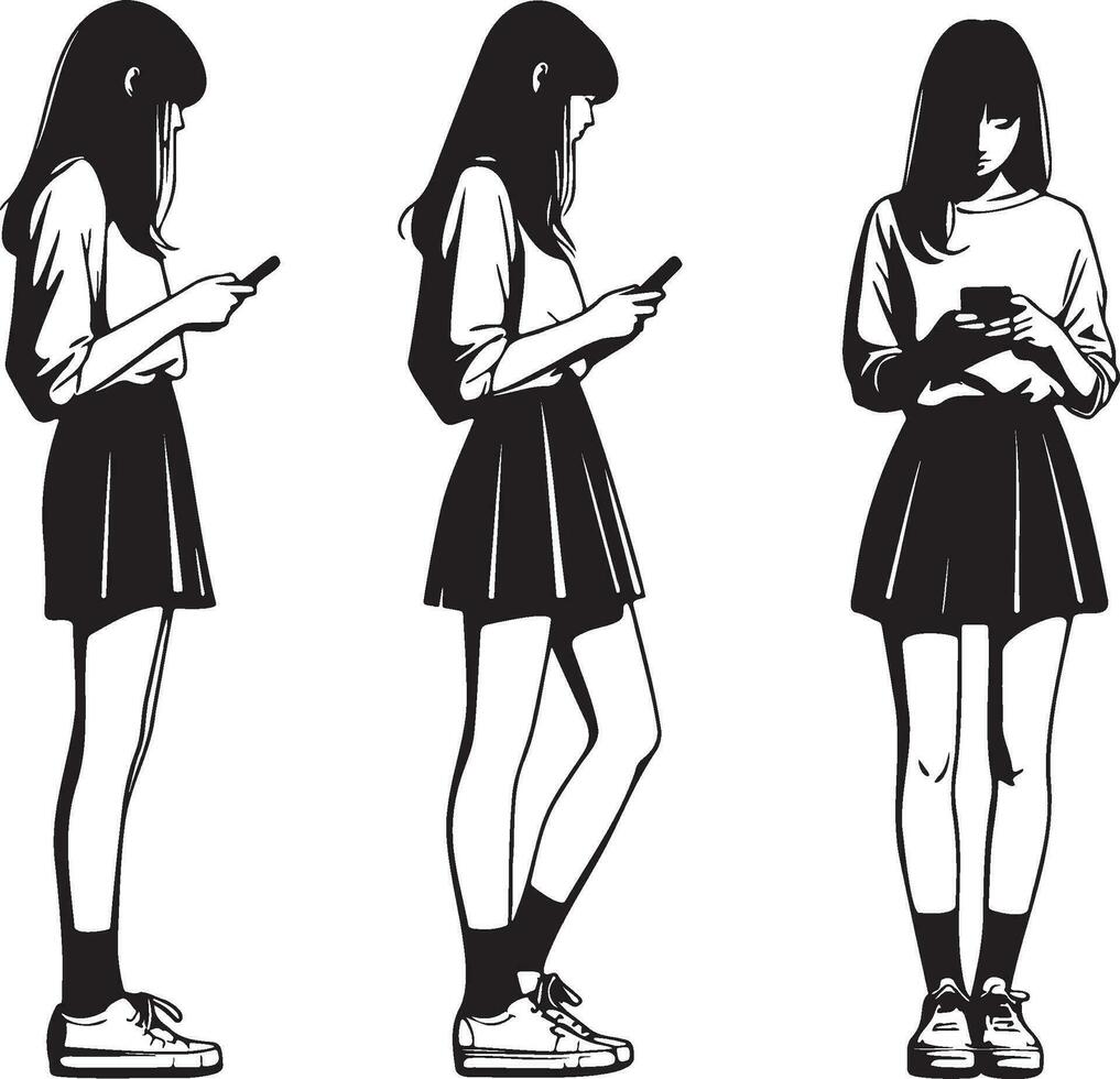 Alto escola fêmea aluna usar celular esboço desenho. vetor