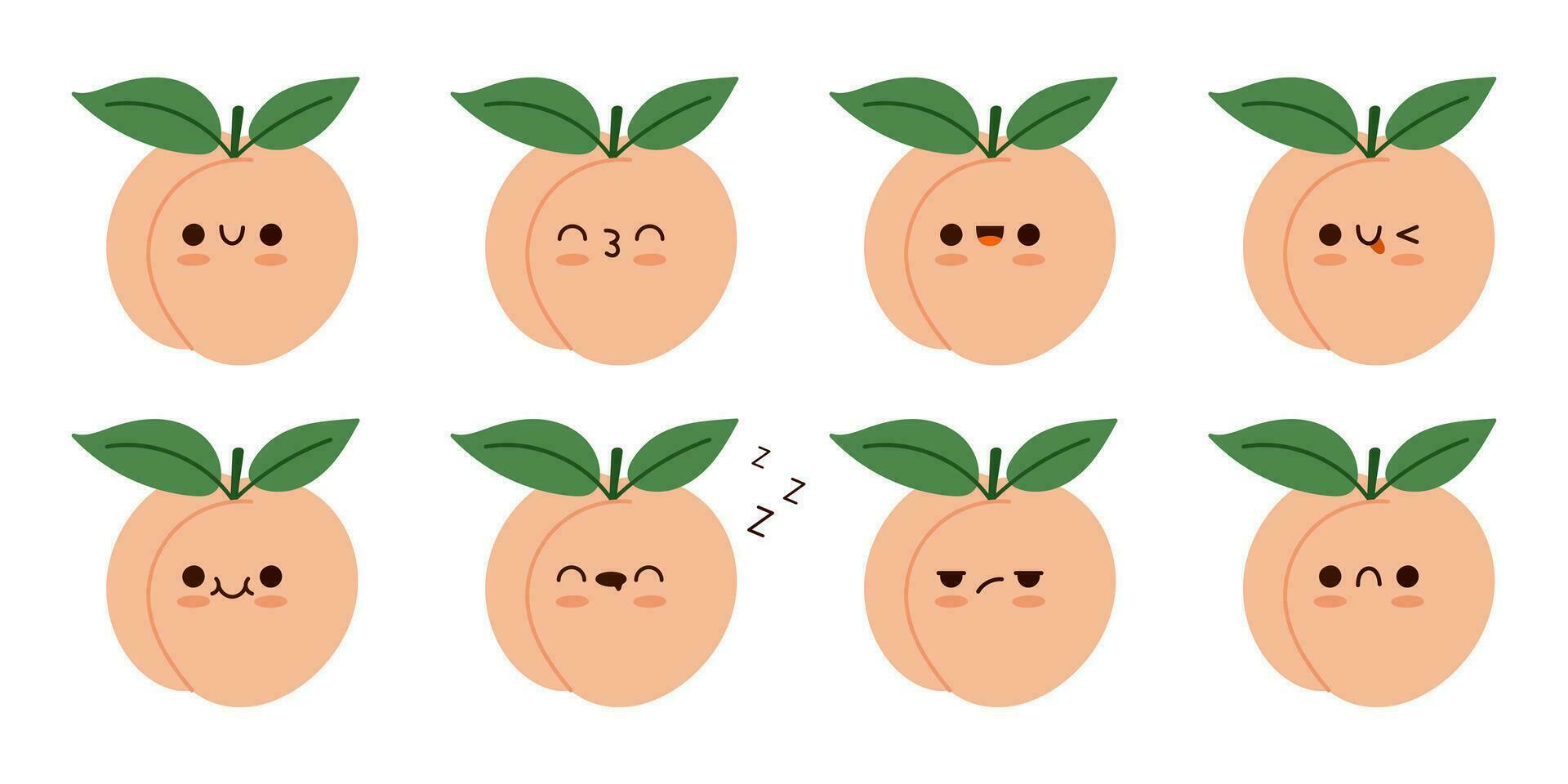 conjunto fofa kawaii pêssego fruta personagem com uma engraçado emoji. pêssego penugem cor desenho animado vetor ilustração