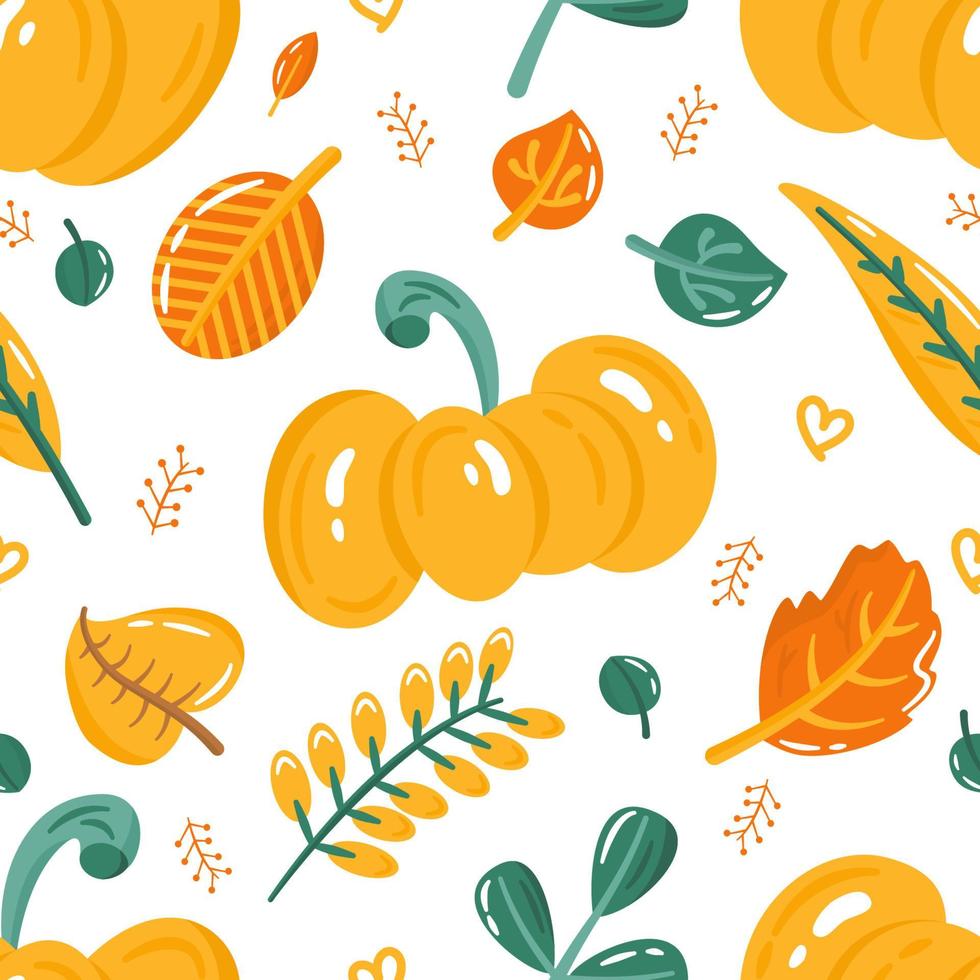 Outono padrão sem emenda com abóbora colorida bonita e folhas. elementos de queda dos desenhos animados para tecido, têxtil, papel de embrulho, papel de parede. vetor