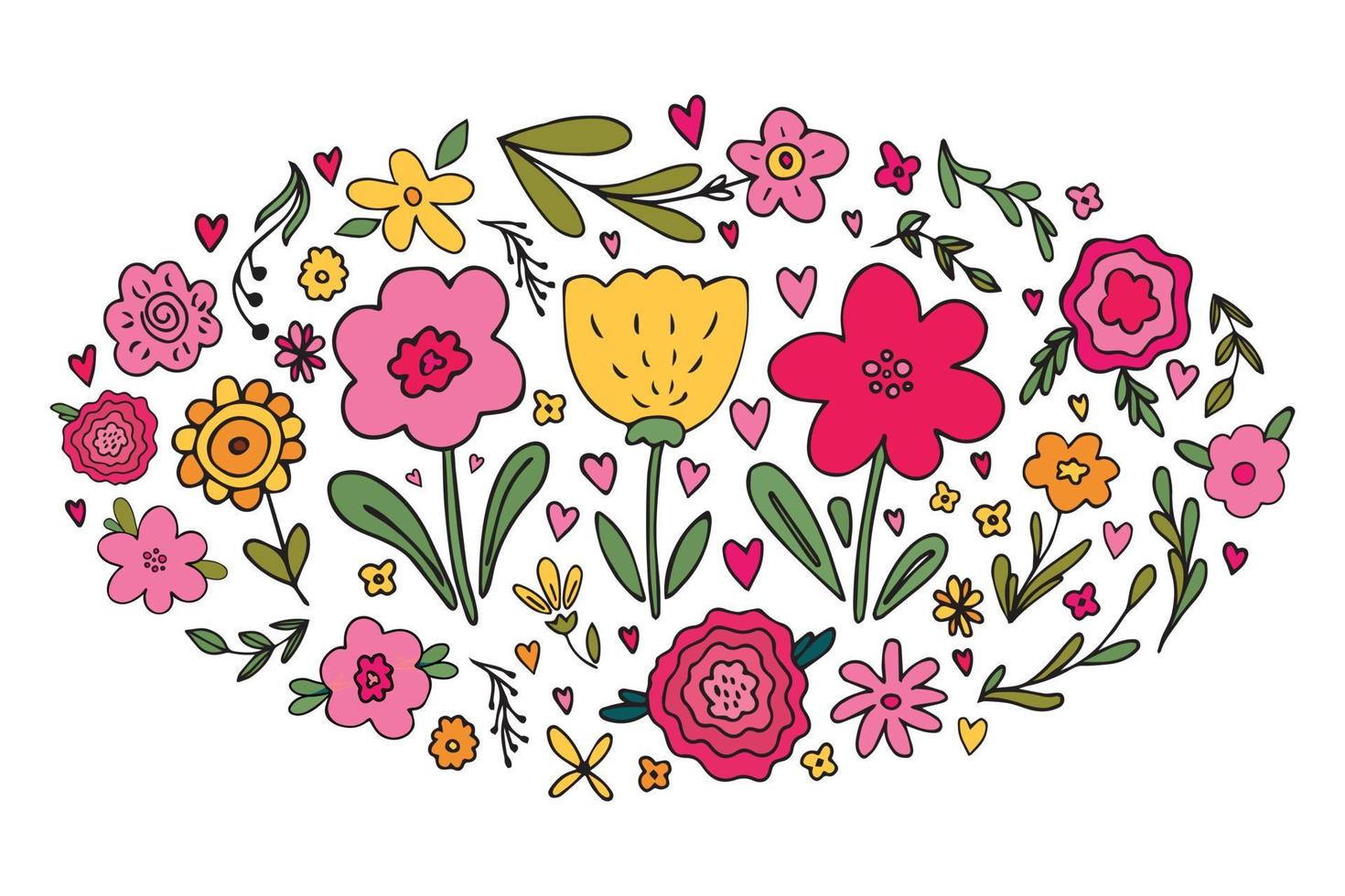 grande conjunto de vários rabiscos florais simples desenhados à mão - flor, erva, ramo, coração. ilustração em vetor gira de flores de primavera verão em cores da paleta limitada. elemento de design infantil brilhante isolado.
