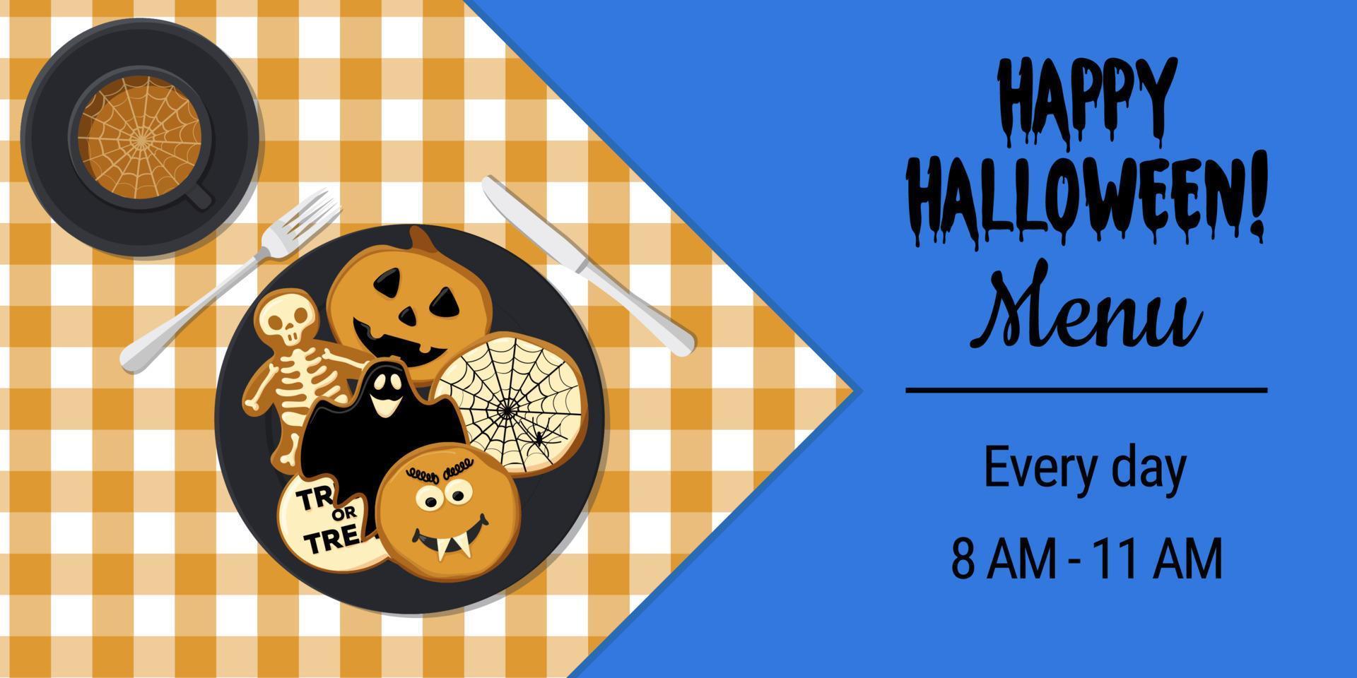 cookies coloridos de halloween e modelo de banner de vetor de café em uma toalha de mesa quadriculada. anúncio, cartão. eps 10