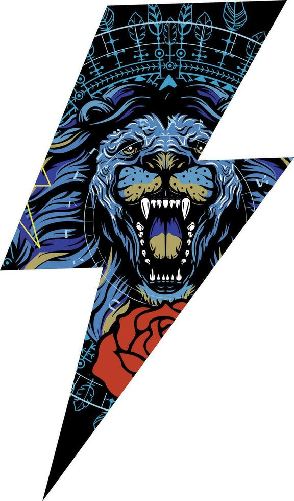 camiseta Projeto do a raio símbolo ao longo com a imagem do uma rugindo leão. vetor ilustração Boa para Esportes.