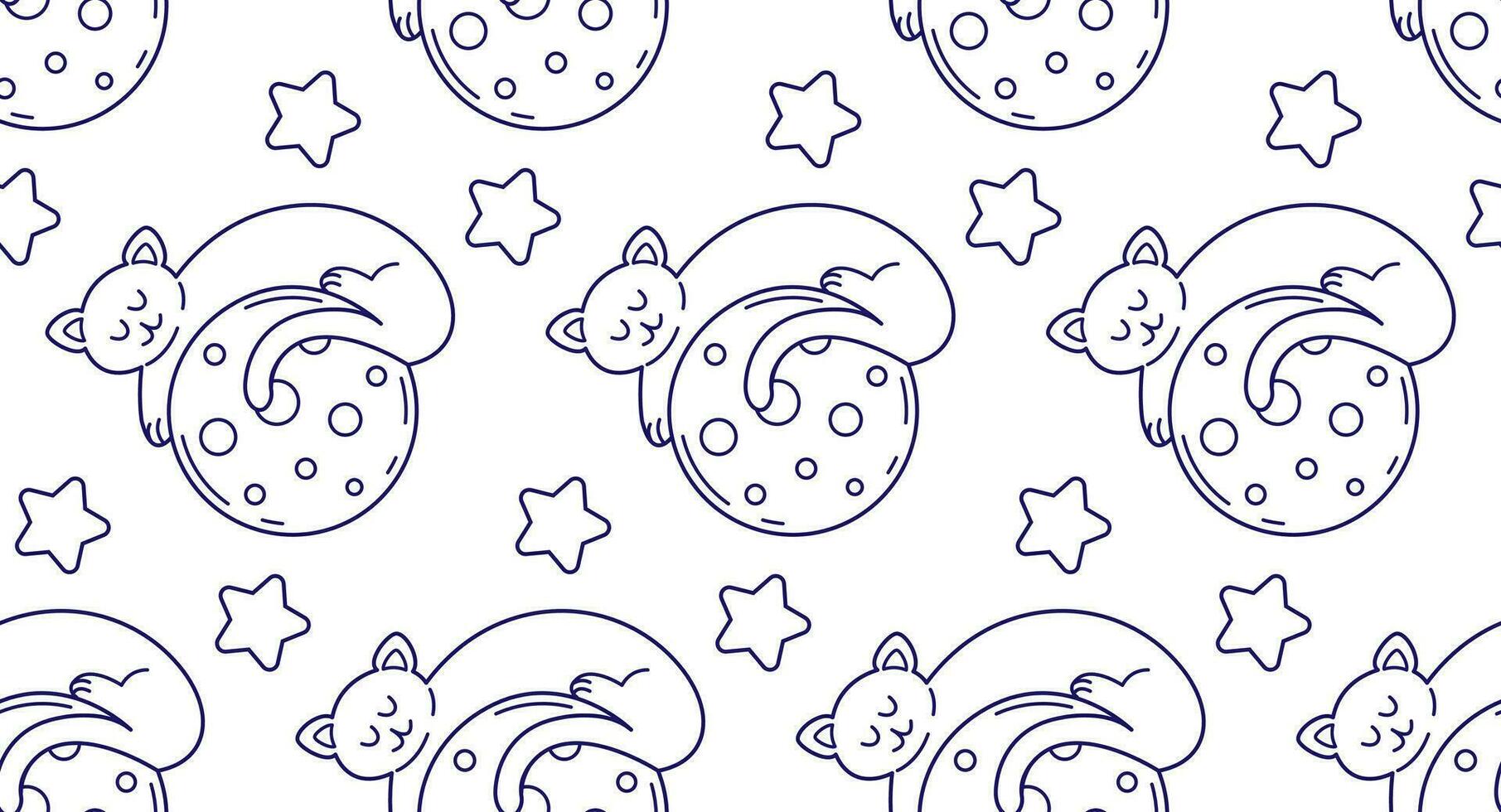 desatado padronizar com dormindo gatos em a lua. vetor fundo dentro linha arte estilo, rabisco ilustração.