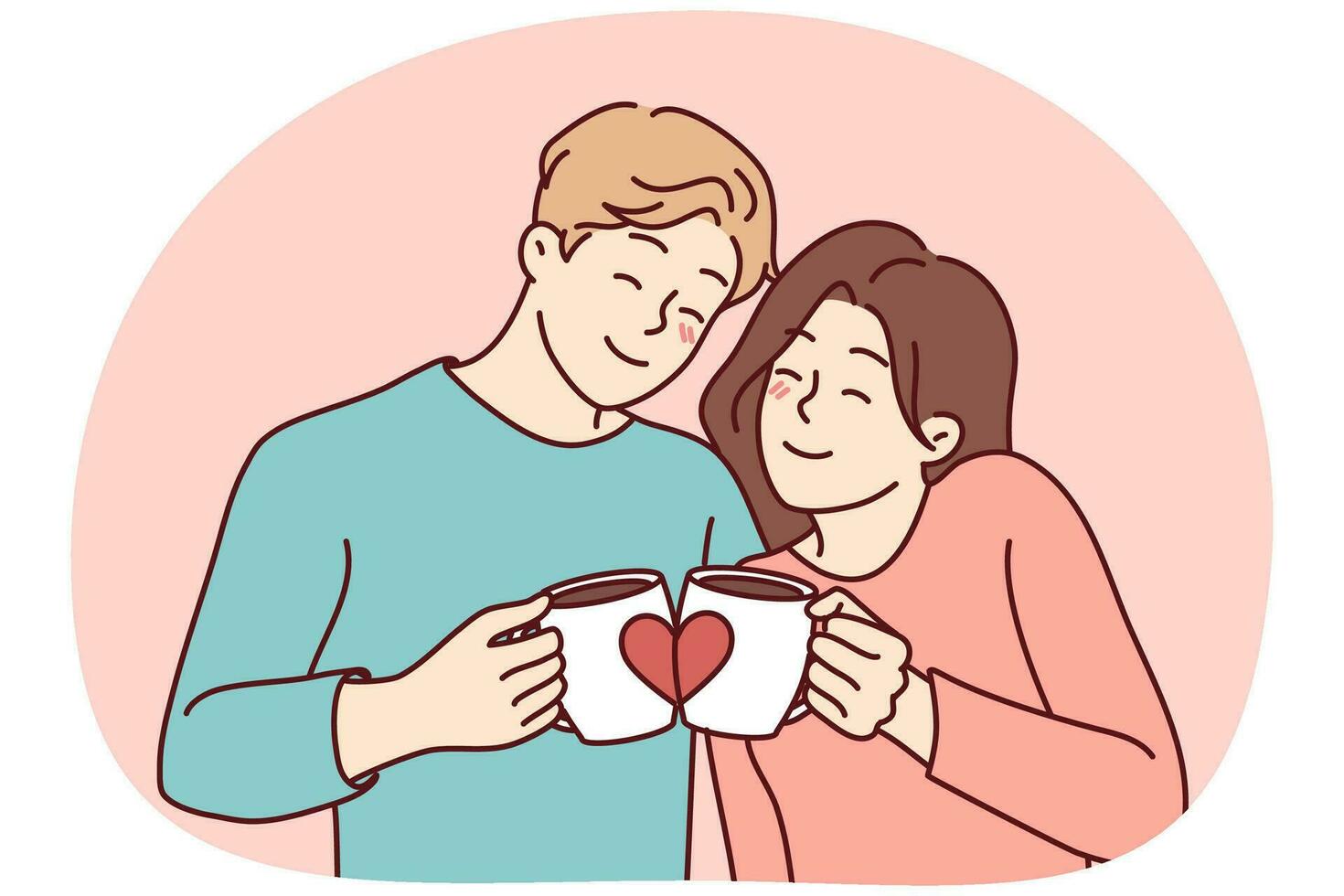 casal feliz abraçando bebendo café de canecas de amantes. homem e mulher sorridentes se abraçam e desfrutam do chá matinal de xícaras fofas. ilustração vetorial. vetor