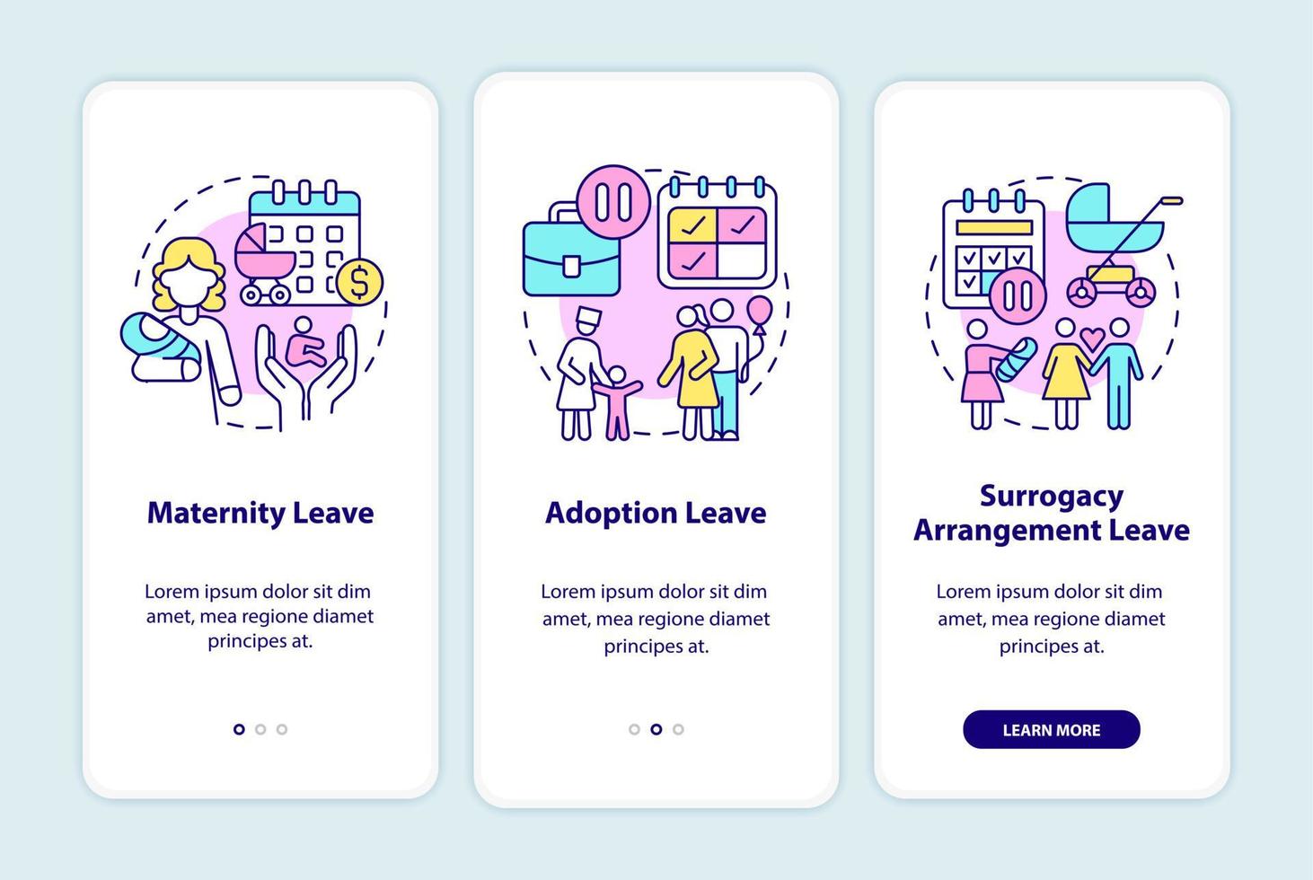 tela da página de aplicativos para dispositivos móveis de integração de tipos de licença maternidade vetor