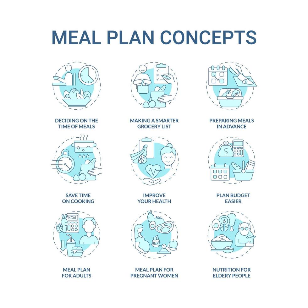 conjunto de ícones de conceito azul relacionados com plano de refeição vetor