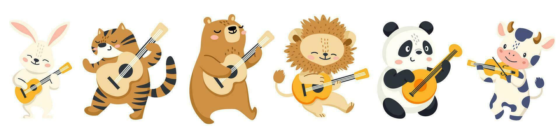 conjunto do crianças vetor ilustração. fofa vaca panda Urso lebre lebre leão e tigre jogando guitarra. animais com musical instrumentos em branco fundo