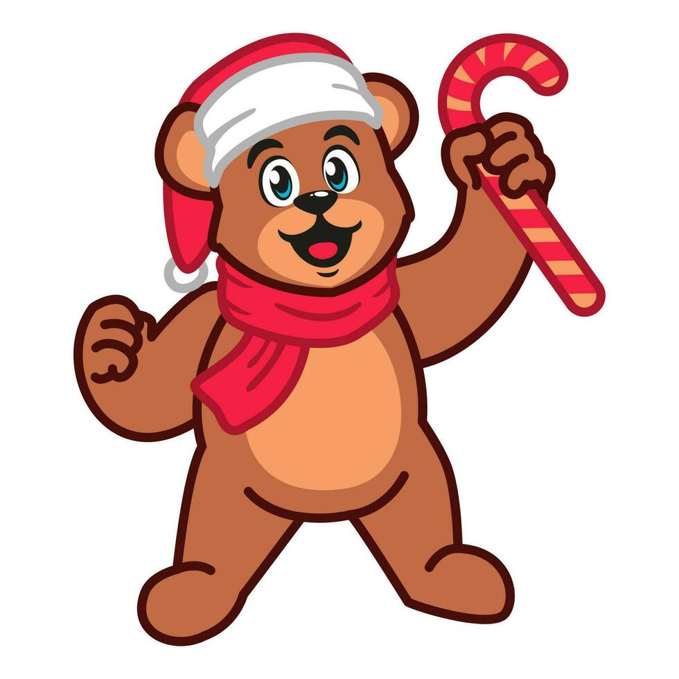 uma fofa Urso de pelúcia Urso vestindo uma Natal chapéu e cachecol segurando uma doce bengala vetor