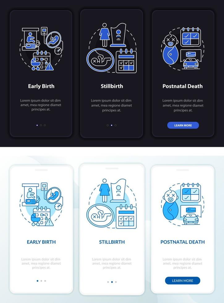 casos de licença maternidade escuro, claro onboarding mobileapp page screen vetor