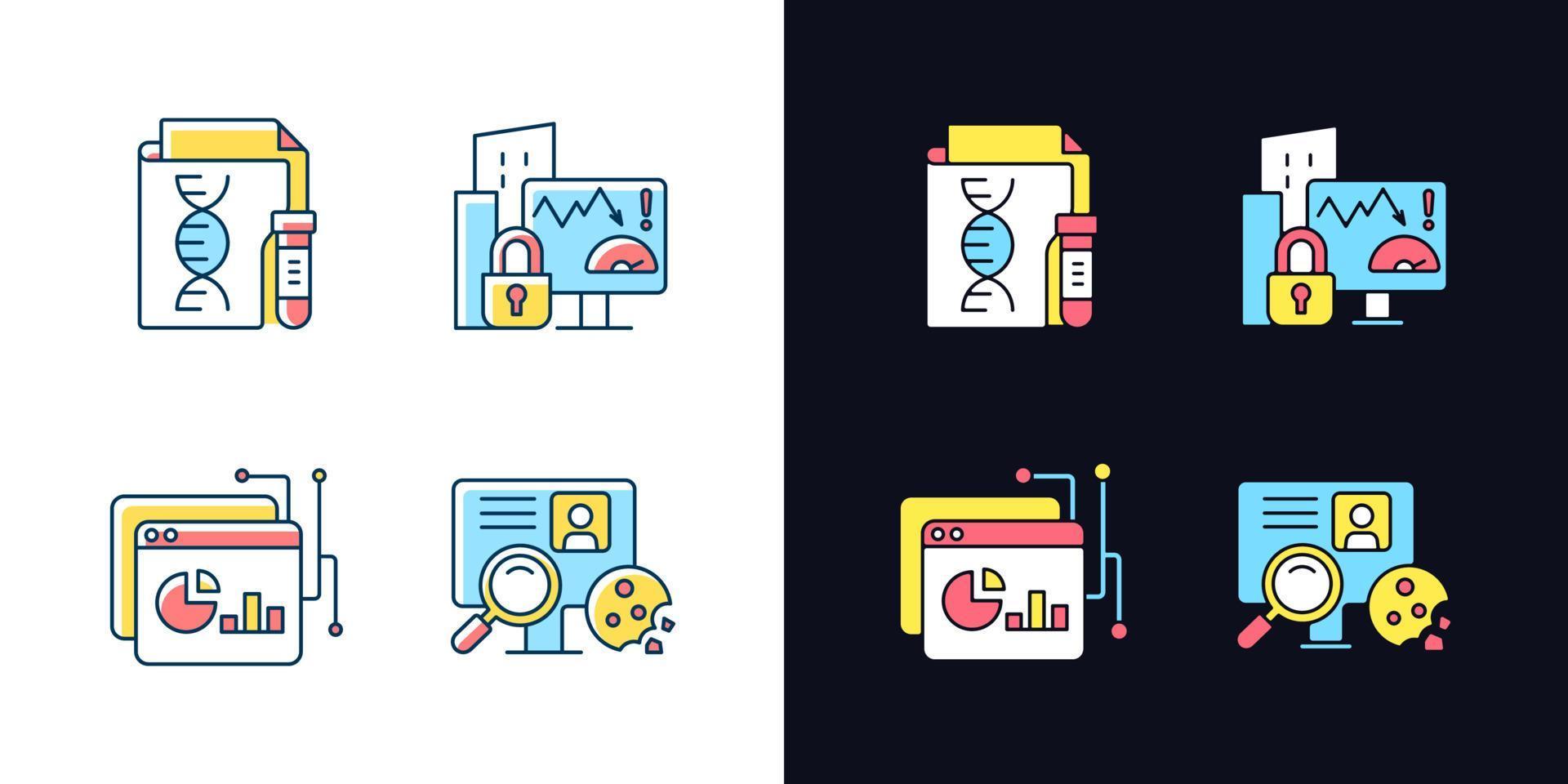 tipos de dados sensíveis conjunto de ícones de cores rgb de tema claro e escuro vetor