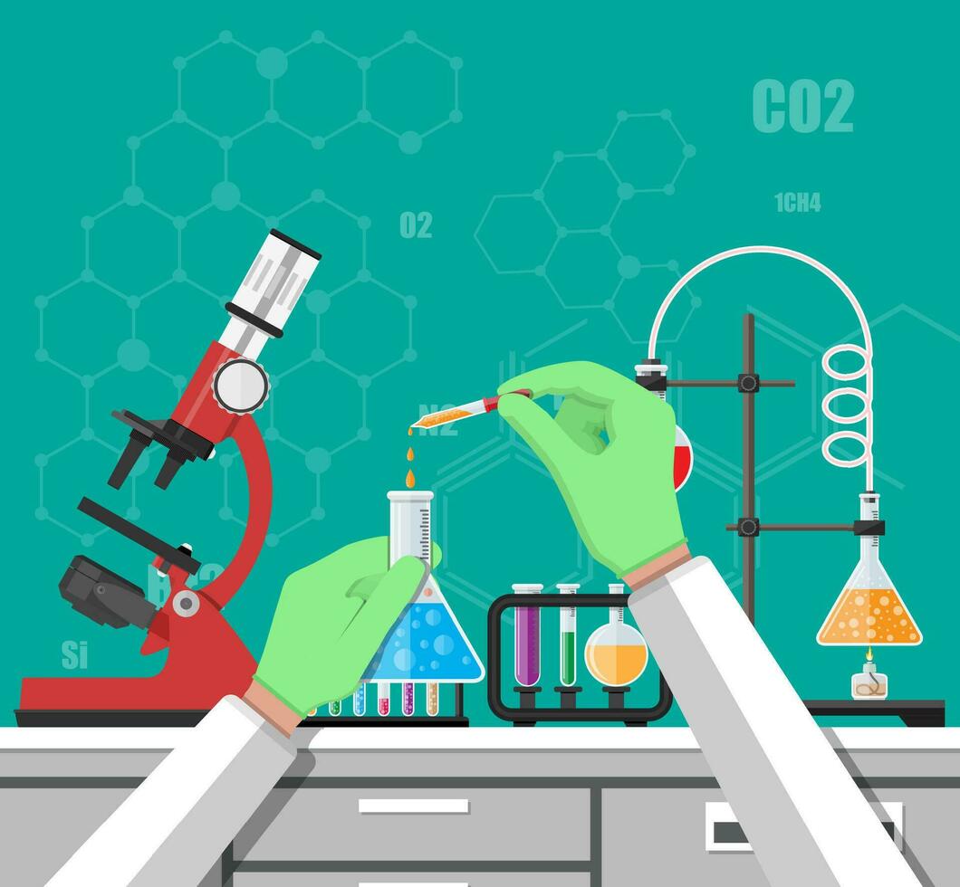 Ciência experimentar dentro laboratório. laboratório equipamento, jarros, copos, frascos, microscópio, espírito lâmpada. biologia Ciência Educação médico vetor ilustração dentro plano estilo