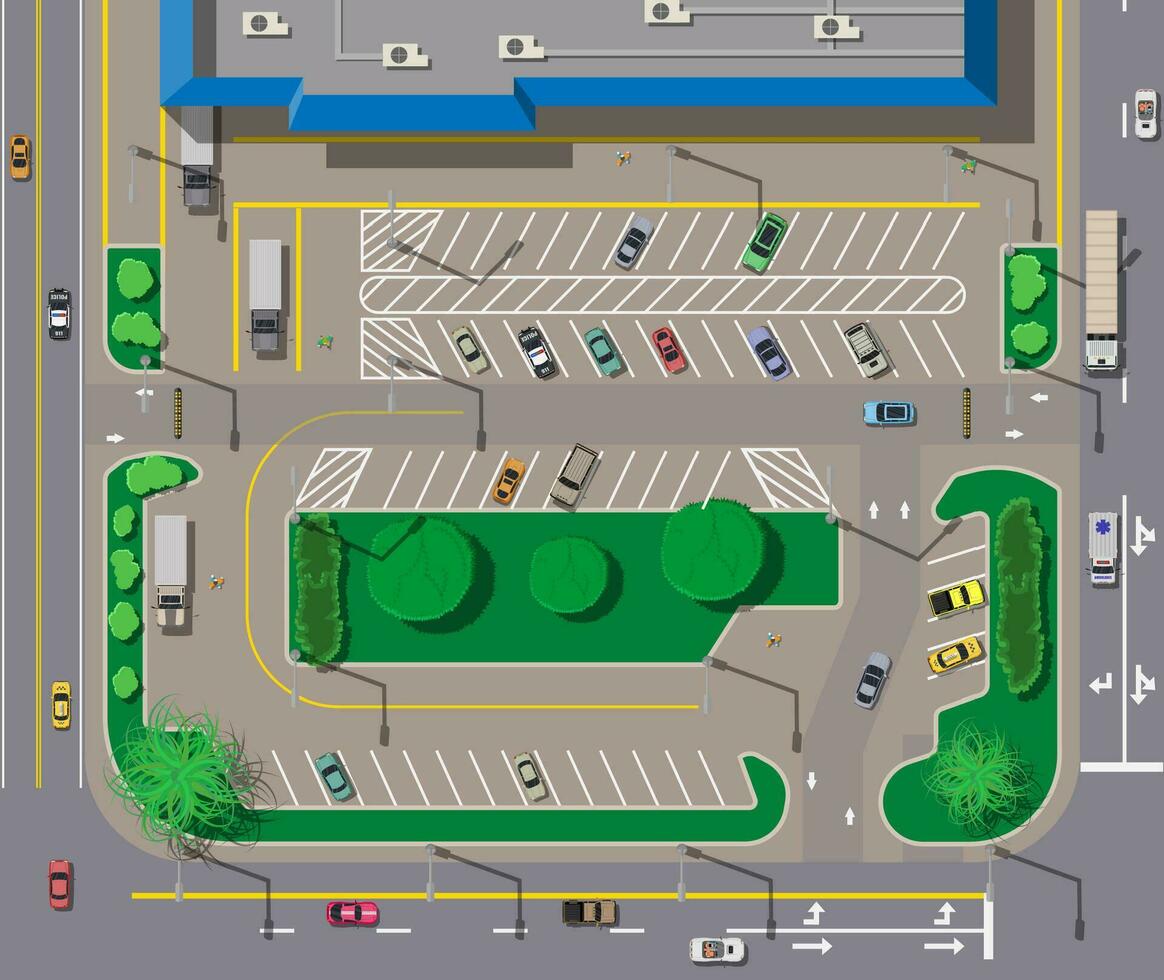 grande compras Centro ou Shopping e estacionamento para carros. cidade estacionamento muitos com diferente carros. árvore área. estacionamento zona topo Visão com vários veículos. cidade vida. vetor ilustração dentro plano estilo