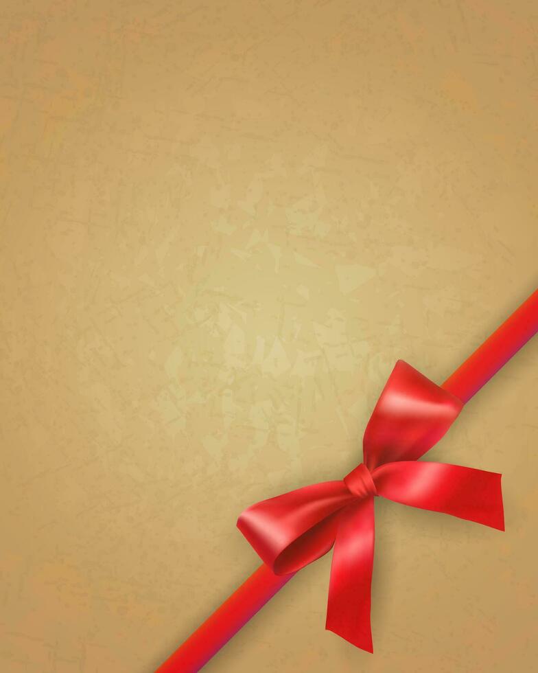vermelho arco e fita em retro vintage velho papel fundo. modelo para saudações aniversário namorados Natal Novo ano cartão. vetor ilustração