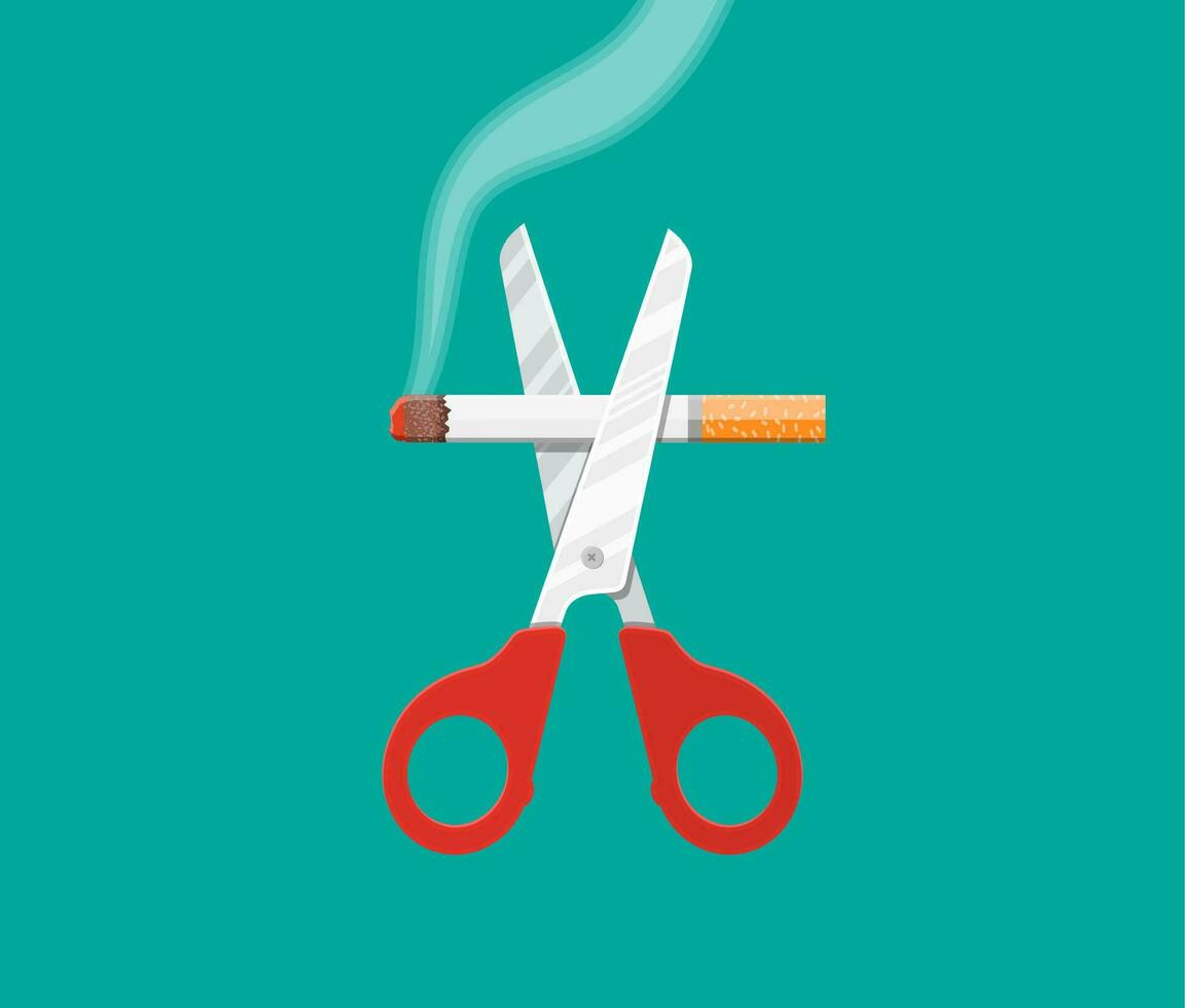 tabaco Abuso conceito. tesouras cortar uma cigarros. não fumar. rejeição, proposta fumaça. vetor ilustração dentro plano estilo.