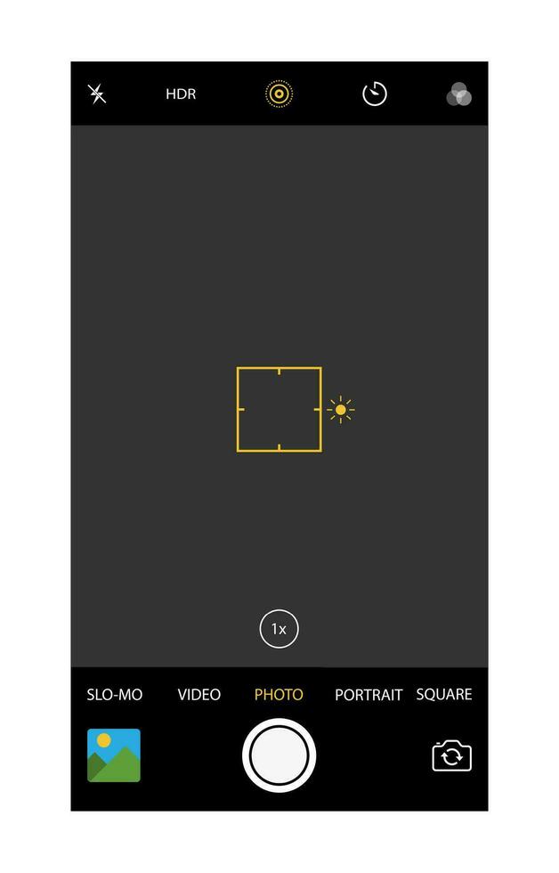 moderno Smartphone Câmera aplicativo. do utilizador interface do Câmera visor. concentrando tela dentro gravação tempo. galeria, hdr, qualidade, imagem estabilização ícone, ui. vetor ilustração plano estilo