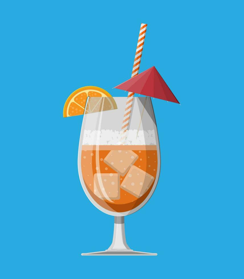 vidro do frio bebida, álcool coquetel. laranja fatia e guarda-chuva. limonada ou fruta suco com gelo cubos. refresco de praia beber com canudo. vetor ilustração dentro plano estilo