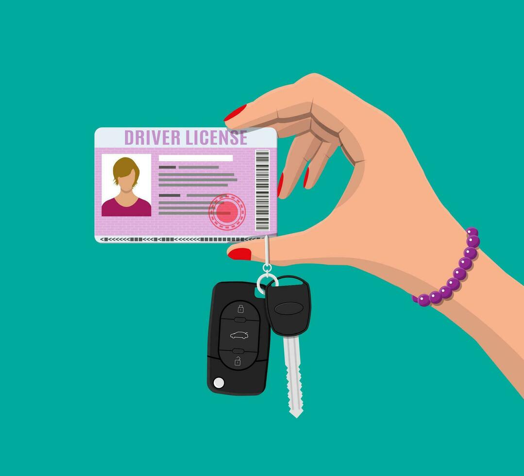 carro motorista mulher licença identificação cartão com foto e carro chave com alarme dentro mão. motorista licença veículo identidade documento. carimbo, código de barras, plástico Eu iria cartão. vetor ilustração dentro plano estilo