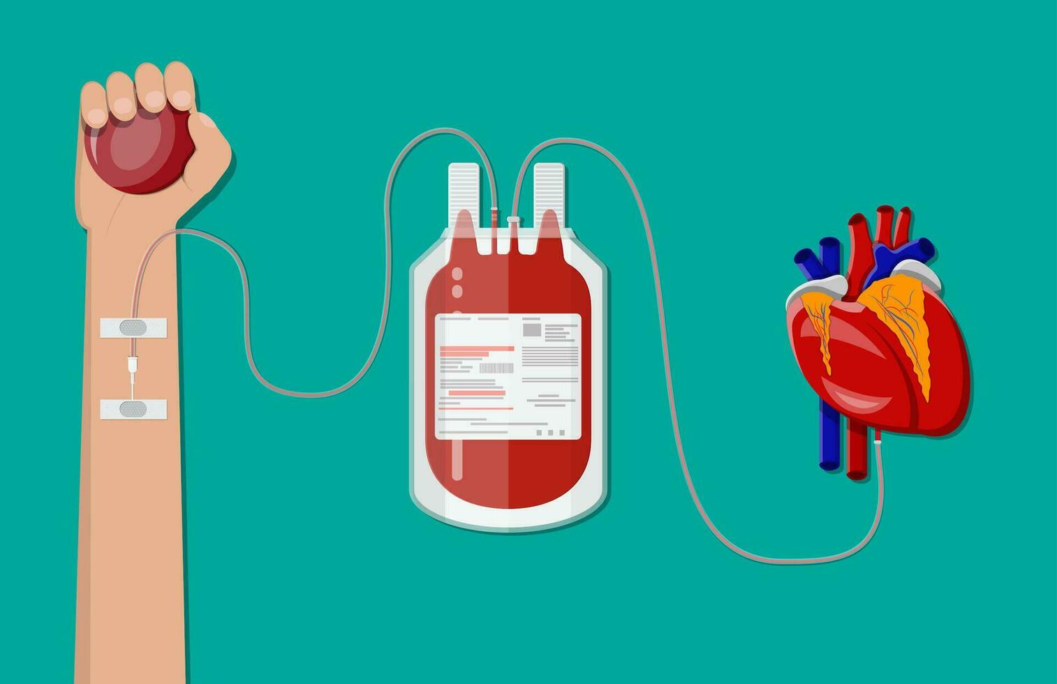 sangue saco e mão do doador com coração. sangue doação dia conceito. humano doa sangue. vetor ilustração dentro plano estilo.