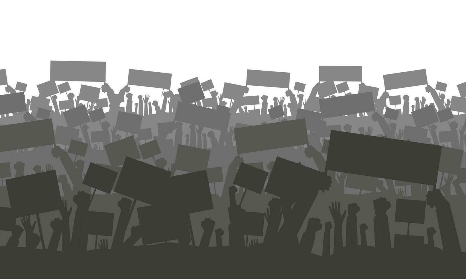 silhueta do torcendo ou protestando multidão com bandeiras e bandeiras. protesto, revolução, conflito. vetor ilustração