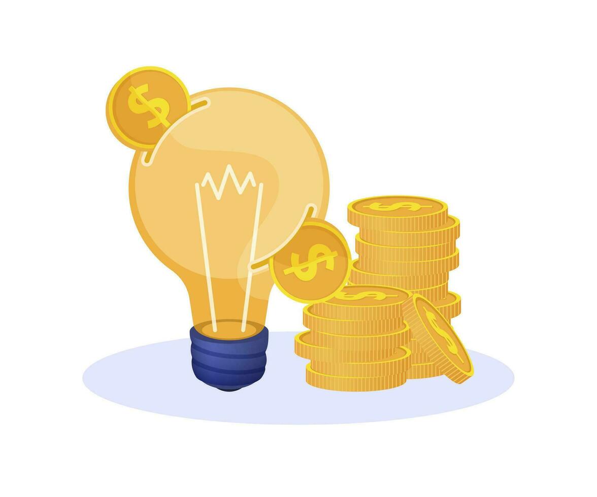luz lâmpada e moedas. conceito do idéia do ganho ou salvando dinheiro. vetor ilustração.
