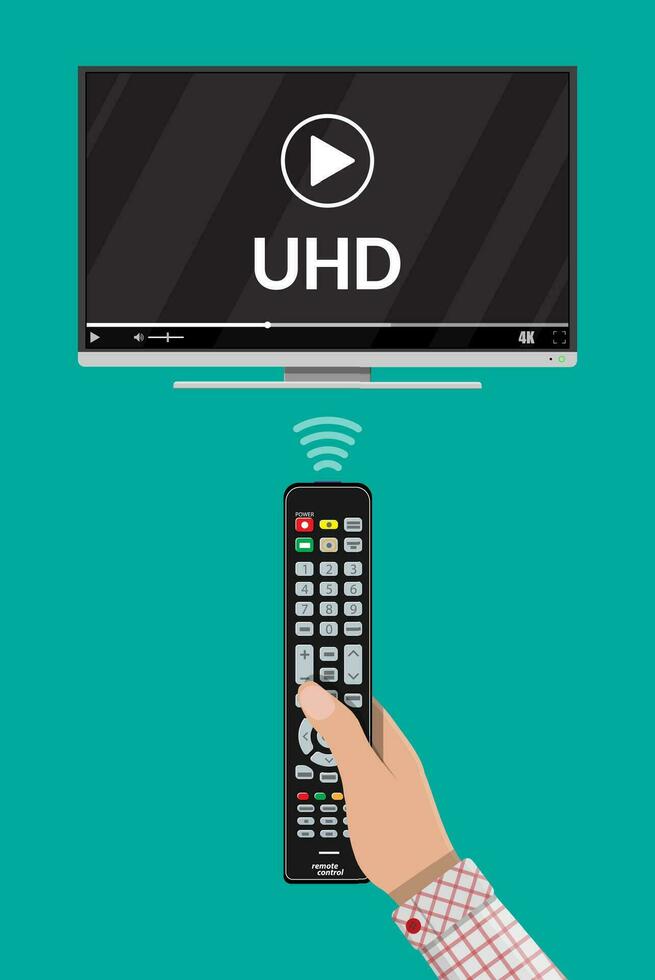 moderno plano tela televisão com ultra Alto definição, 4k tela formatar. televisão com onine jogador. conduziu televisão mostrar. mão com controlo remoto ao controle. vetor ilustração dentro plano estilo