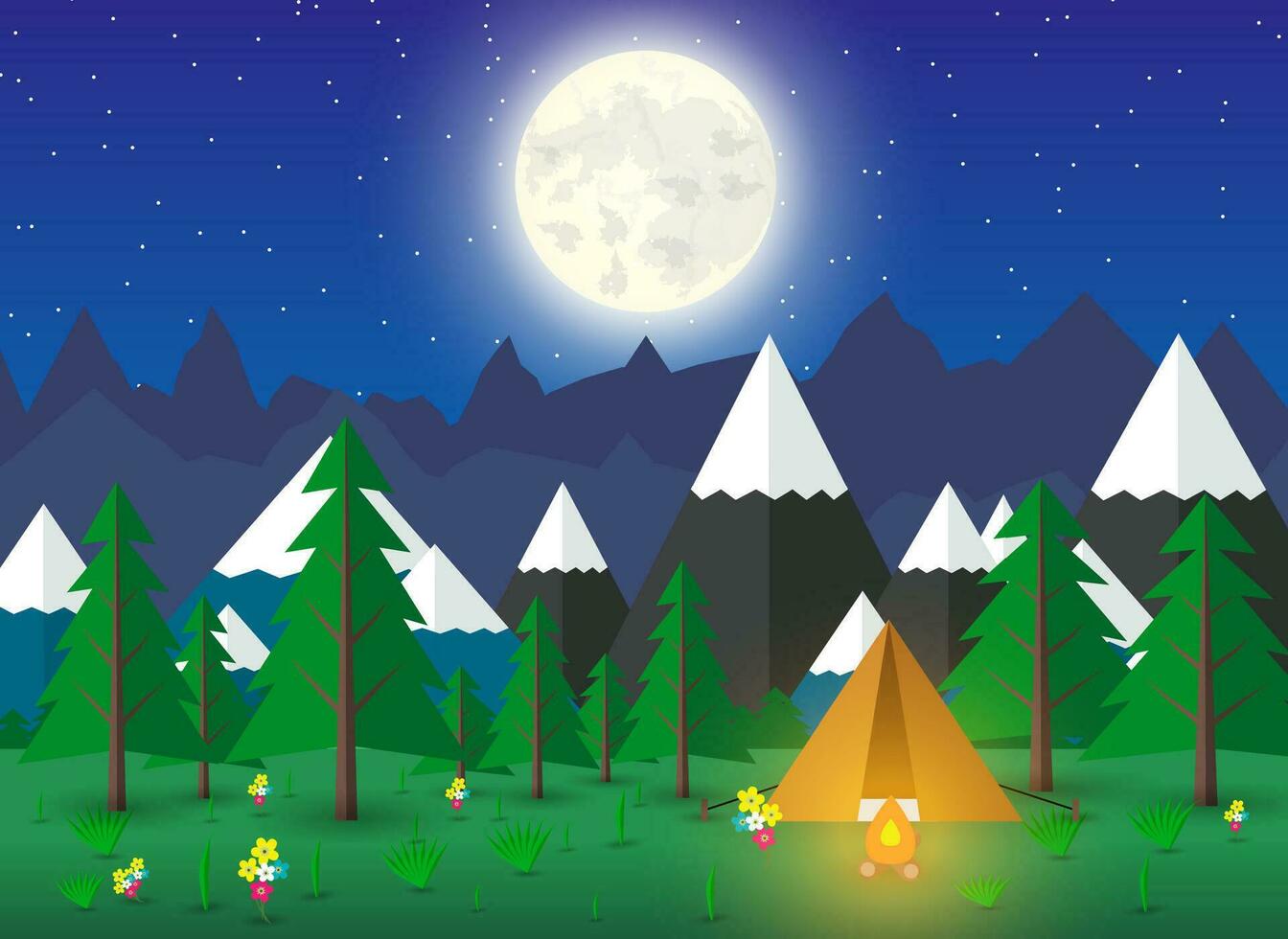 verão acampamento com uma fogueira dentro noite tempo, floresta, montanhas, céu, estrelas, lua. viagem e período de férias conceito, eco turismo. vetor ilustração dentro plano Projeto