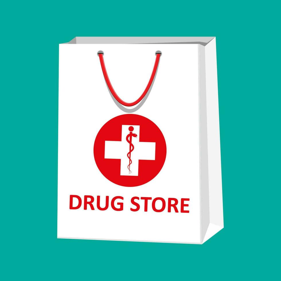 branco compras saco para médico pílulas e garrafas, cuidados de saúde e compras, farmacia, droga loja. vetor ilustração dentro plano estilo