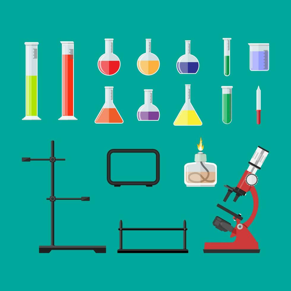 laboratório equipamento, jarros, copos, frascos, microscópio, espírito lâmpada, pipeta, biologia Ciência Educação médico vetor ilustração dentro plano estilo