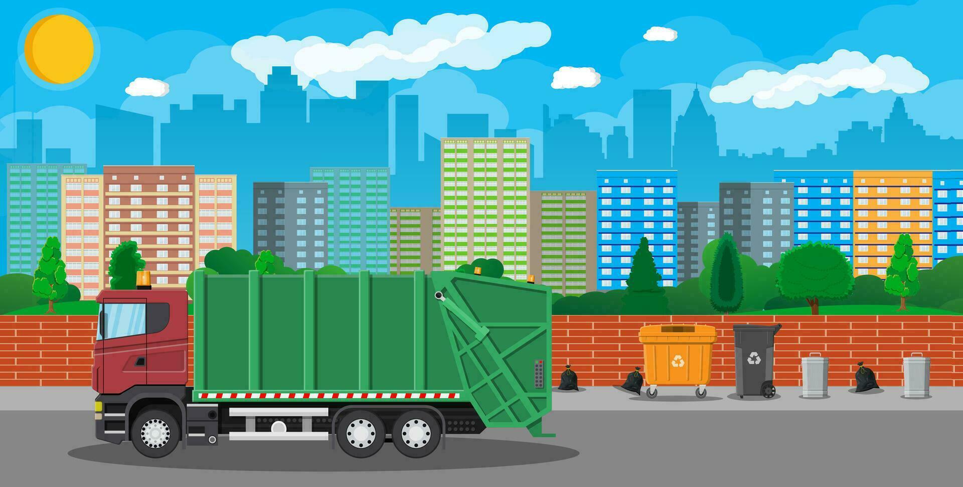 caminhão para montagem e transporte lixo. carro desperdício disposição. pode recipiente, saco e balde para lixo. reciclando e utilização equipamento. paisagem urbana. vetor ilustração dentro plano estilo