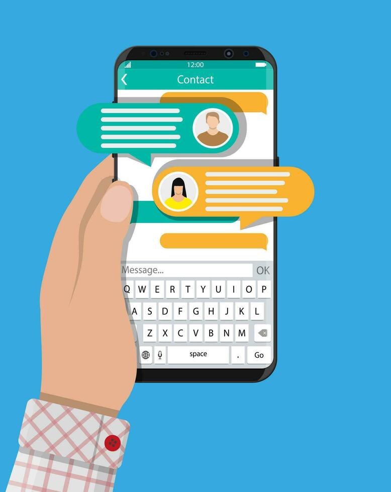 mão aguarde Smartphone com Mensagens SMS aplicativo. bate-papo bolhas em Móvel telefone tela sensível ao toque. bate-papo entre homem e mulher. social rede. discussão, conversando, assistência. vetor ilustração dentro plano estilo