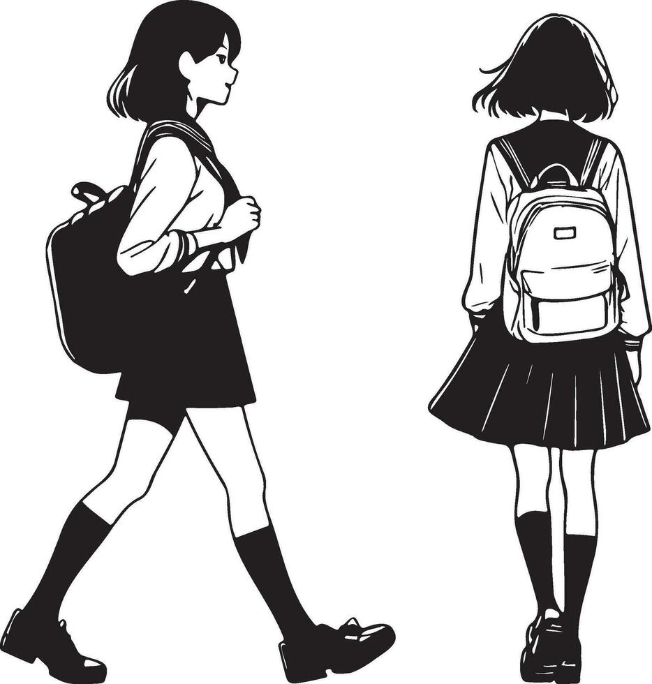 Alto escola fêmea aluna andando. vetor