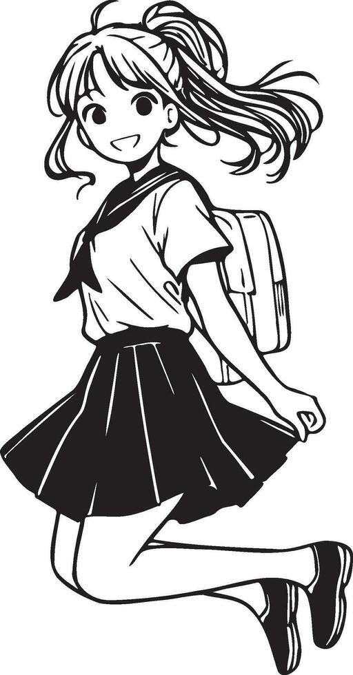 Alto escola fêmea aluna pulando esboço desenho. vetor