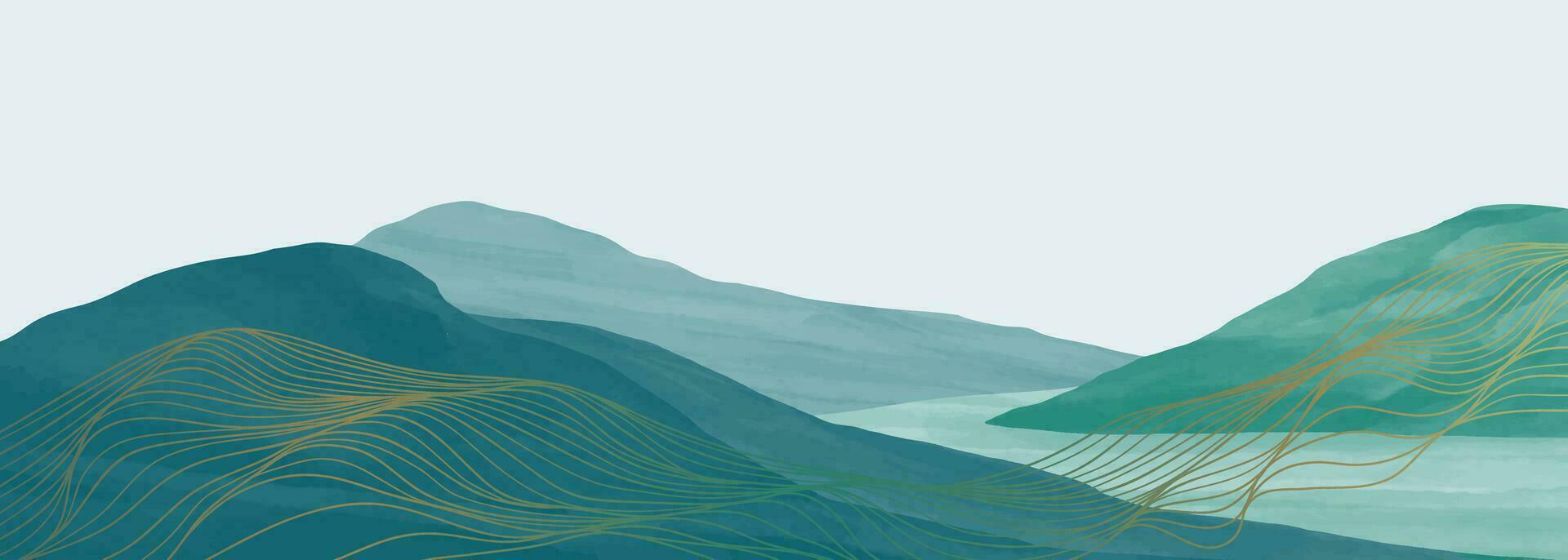 montanha panorama aguarela pintura ilustração com linha arte padronizar. abstrato contemporâneo estético fundos paisagens. montanhas, colinas e Horizonte vetor