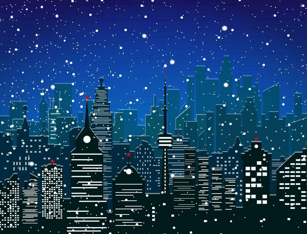 inverno cidade silhueta, escritório e residente edifícios, queda flocos de neve. céu. Natal e Novo ano, inverno urbano paisagem urbana vetor ilustração
